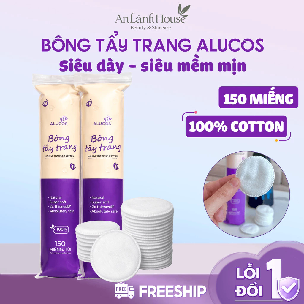 Bông Tẩy Trang Alucos Tròn 150 Miếng Siêu Xịn, Mềm Mịn, Bông Tẩy Trang Cotton 100% Ép Viền Dịu Nhẹ Cho Da An Lành