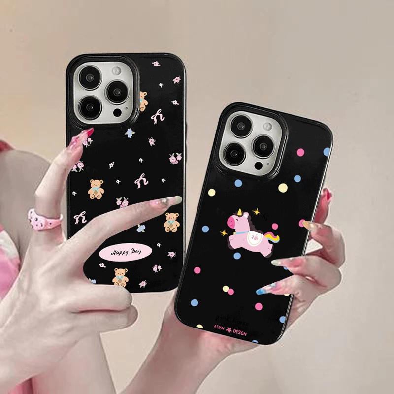 Ốp Lưng IPhone 14 13 16 11 17 15 12 Pro Max Air 17 13 16 15 Pro XR XS Max Bìa Bóng Mượt Hình Gấu Chấm Bi Nơ Dễ Thương