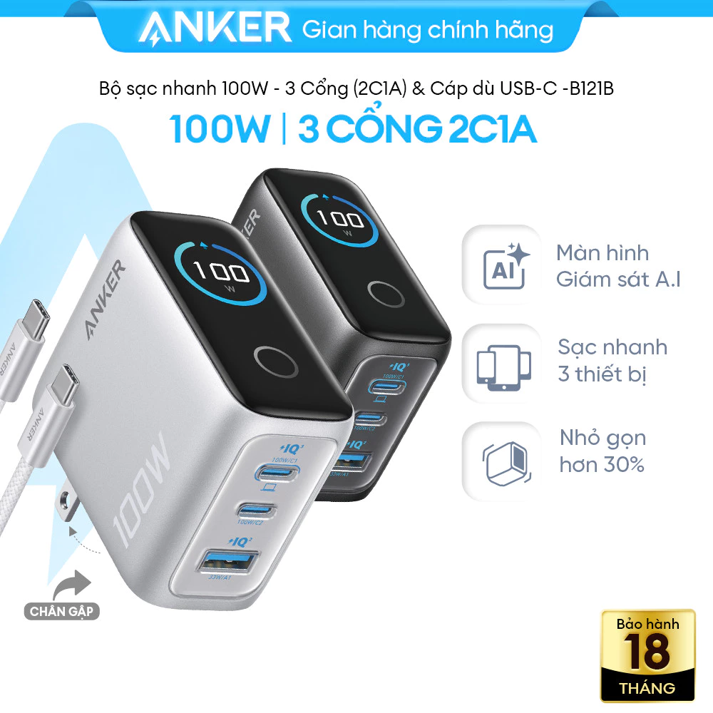 [LIVE] Bộ sạc nhanh Anker 100W Smart Display | 3 cổng 2C1A | Công nghệ GaN | Gập gọn | Dành cho Laptop, iPhone – B121B