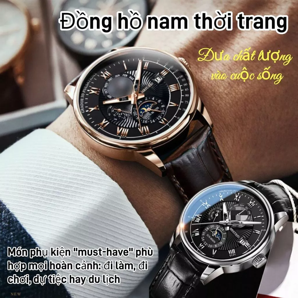 Đồng Hồ Nam Dây Da Cao Cấp,Mặt Đen Viền Rose Gold, Lịch Ngày Đêm, Phong Cách Doanh Nhân Sang Trọng