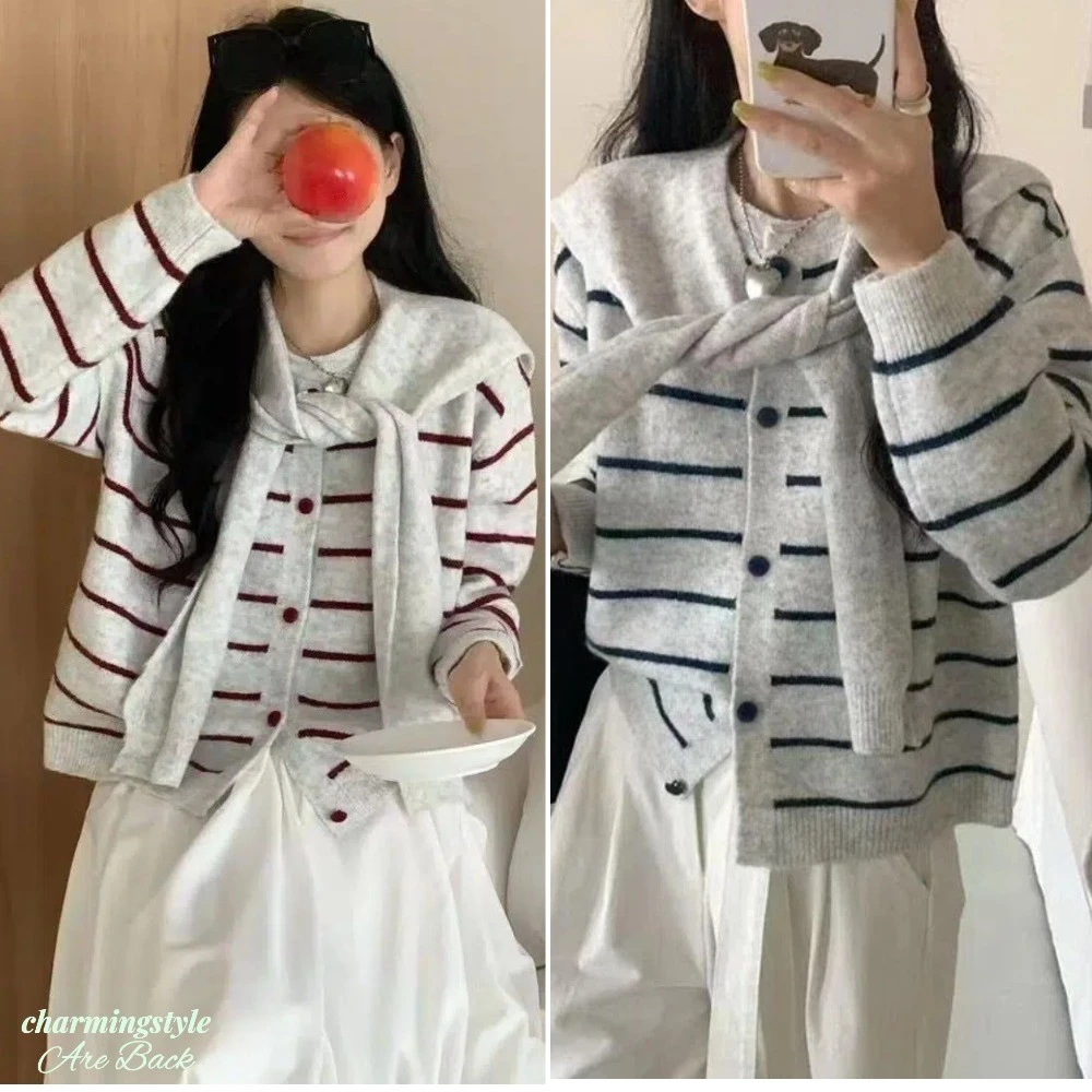 Áo Cardigan Len Dệt Kim Sọc Kèm Khăn Choàng Áo Len Cổ Tròn Dài Tay Thời Trang Mới Dành Cho Nữ Cho Mùa Thu Đông