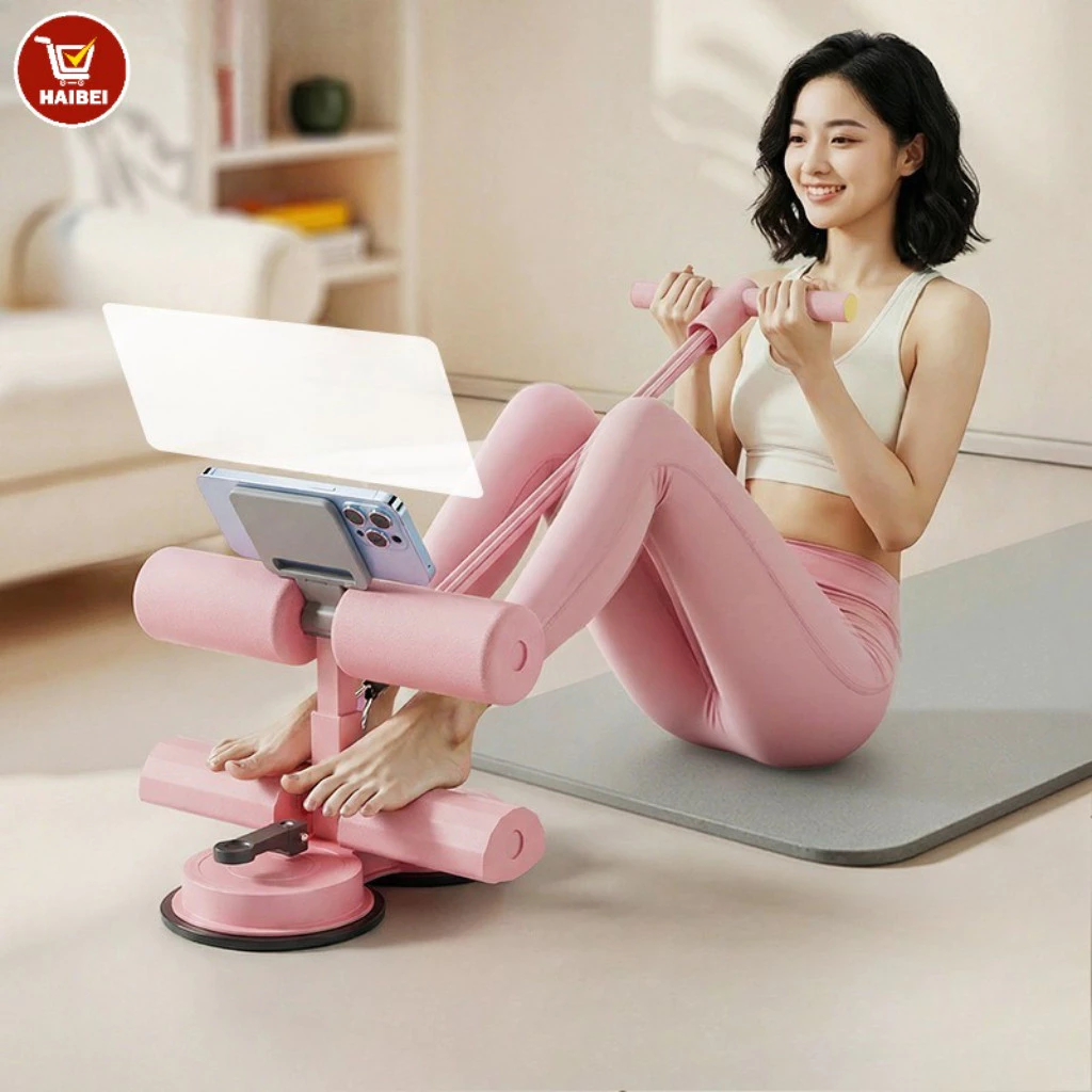 Dụng cụ hỗ trợ tập bụng, dụng cụ siết cơ bụng, có đế hút chân không, dây kéo và giá đỡ điện thoại, an toàn và chắc chắn.