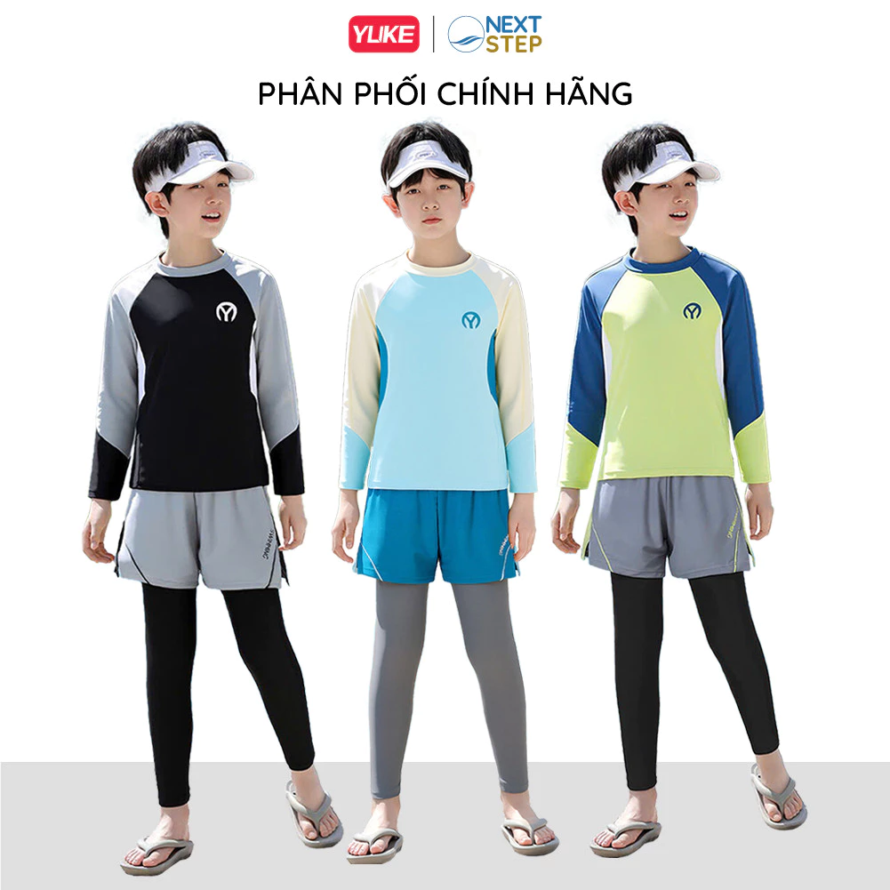 Đồ bơi bé trai YUKE tay dài quần dài phối quần đùi kín đáo chống nắng hiệu quả