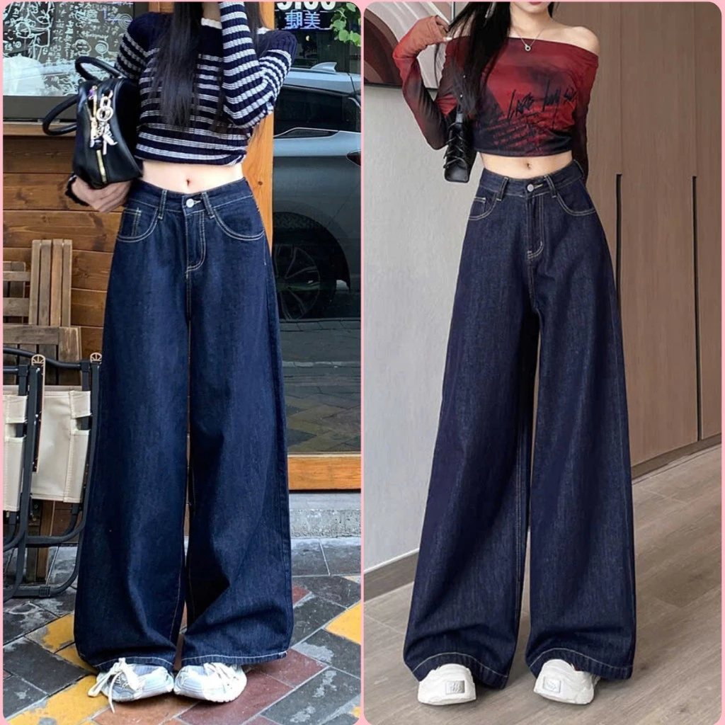 Quần jeans nữ ống suông màu xanh than cạp cao ống rộng quần bò nữ chất vải QC loại 1 phong cách hàn quốc