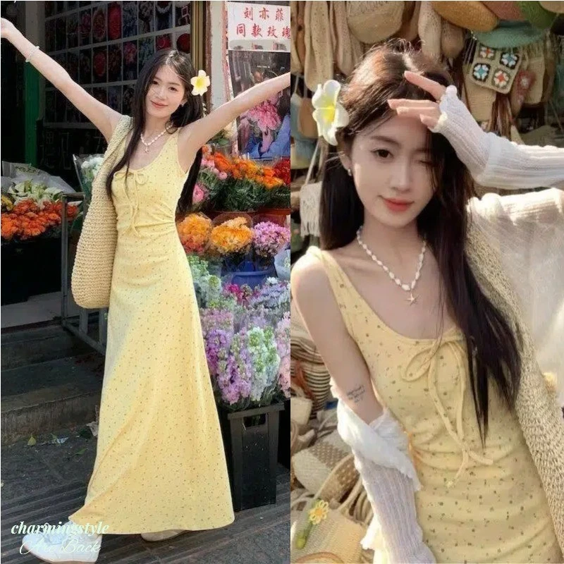 Đầm Maxi in Hoa Màu Vàng, Đầm Vest Không Tay Mùa Hè, Kiểu Dáng Ngọt Ngào, Chân Váy Dài Chữ A Ôm Eo.