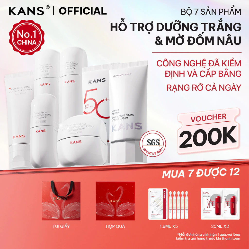 KANS Combo 7 Món Dưỡng Trắng Da Toàn Diện - Kem Chống Nắng & Kem Nâng Tông- Sữa Rửa Mặt - Toner - Lotion - Serum - Cream