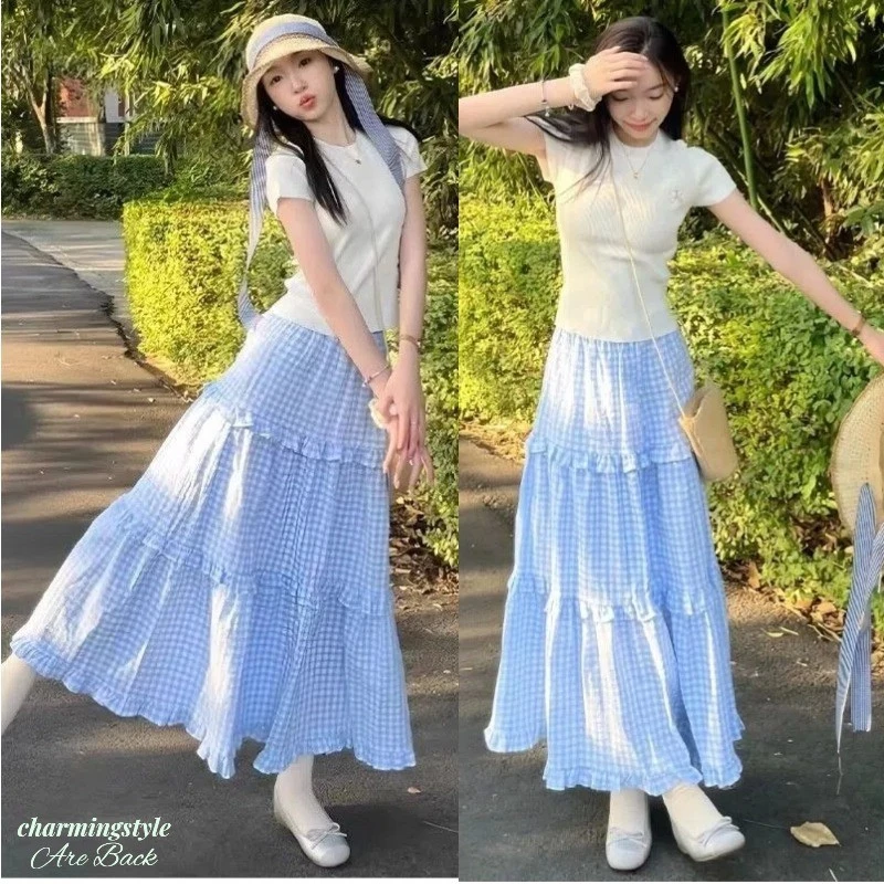 Chân Váy Midi Cạp Cao Dáng Chữ A Ôm Dáng, Họa Tiết Kẻ Caro Xanh Dương, Mẫu Mới Mùa Xuân/Hè.