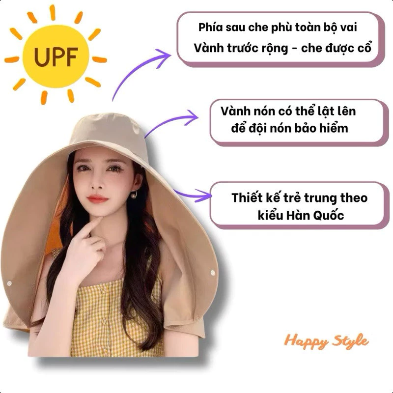 Mũ chống nắng, vành rộng chống tia UV, che được vai, nhiều màu sắc để chọn