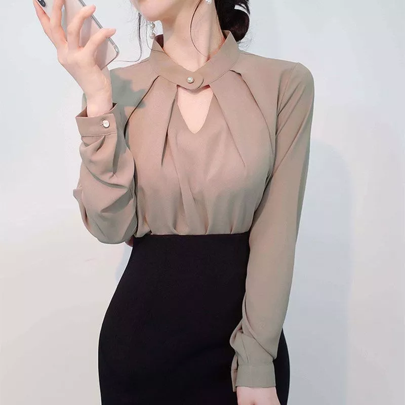 Áo Sơ Mi Voan Trắng Nữ, Phong Cách Phương Tây, Cổ Chữ V Sang Trọng