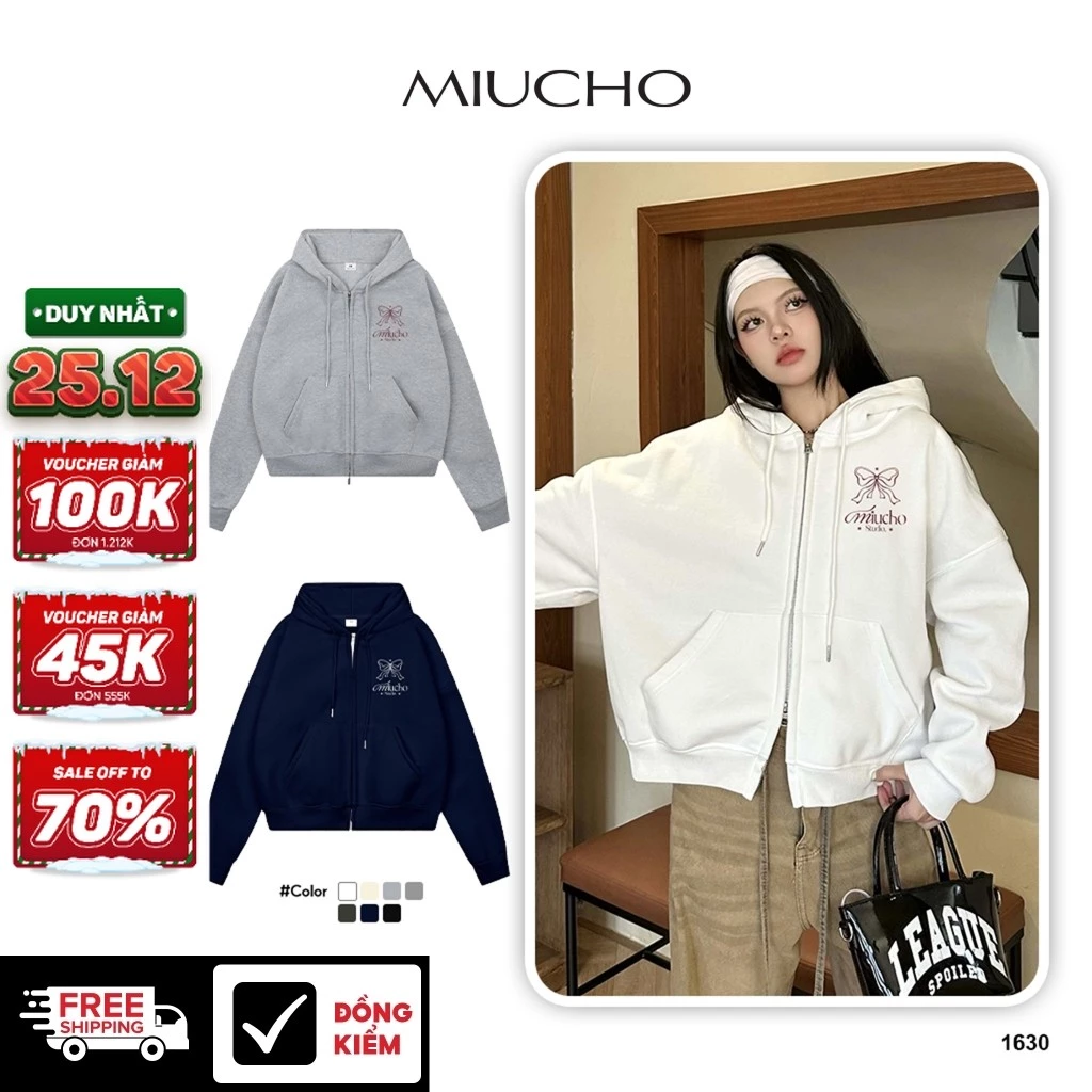 Áo Khoác Hoodie Zip Boxy MIUCHO Local Brand Nỉ 2 Da Dày Dặn Khóa Kéo Hình Nơ Dễ Thương HXD1630