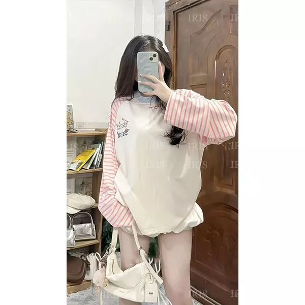 Áo Thun Nữ Tay Dài Form Boxy Kẻ Ráp Lăng, Áo Phông Oversize Phối Cổ Chữ Xinh Dễ Mặc Dễ Phối Đồ