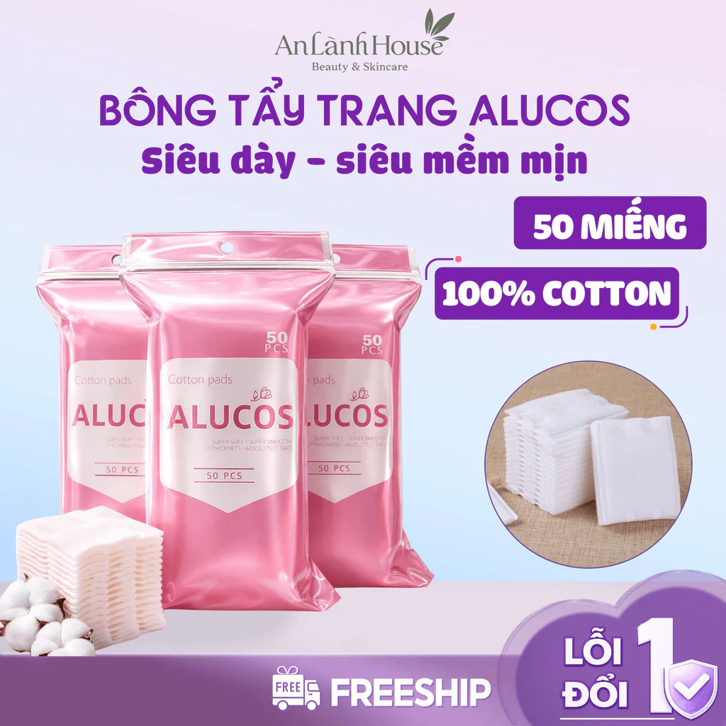 Bông Tẩy Trang Alucos 50 Miếng Siêu Xịn, Mềm Mịn, Bông Tẩy Trang Cotton 100% Ép Viền Dịu Nhẹ Cho Da An Lành