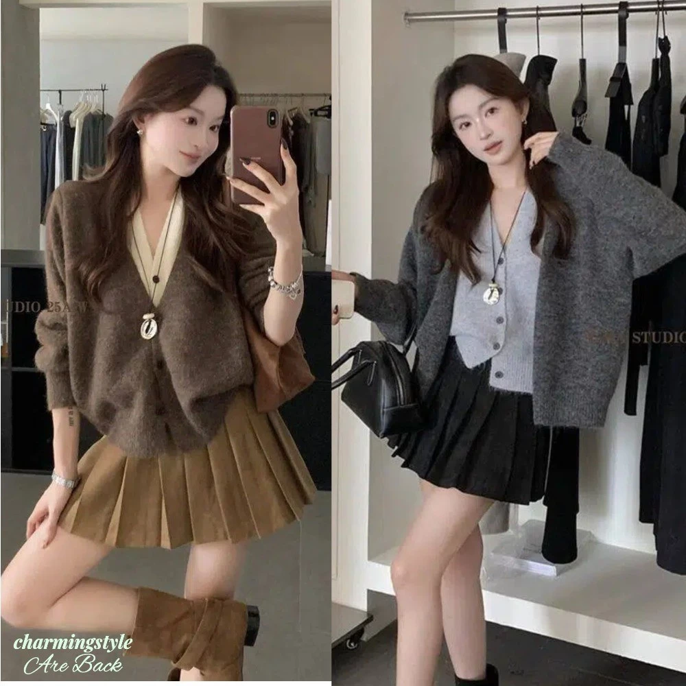 Áo Khoác Cardigan Dệt Kim V Hai Mảnh Áo Len Dáng Rộng Thời Trang Thu Đông Mới Dành Cho Nữ Chất Lượng Cao