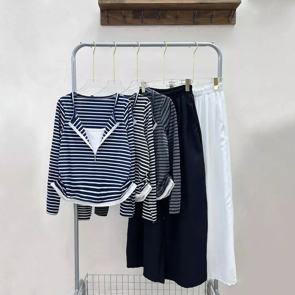 [ SET BIGSIZE NỮ ] Áo tay dài kẻ sọc cổ khóa kéo form rộng trẻ trung phối Quần xuông đũi ống rộng - (A340+Q564)