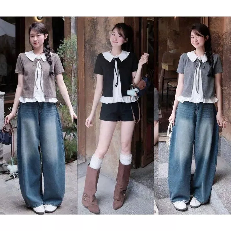 Áo kiểu nữ cộc tay phối cổ bèo phong cách tiểu thư,áo cardigan mix sơ mi form babydoll dễ thương hottrend