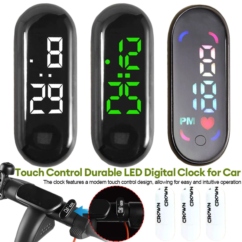 Đồng hồ kỹ thuật số LED điều khiển cảm ứng, bền bỉ, dễ lắp đặt trên ô tô, có lớp keo dán mặt sau.