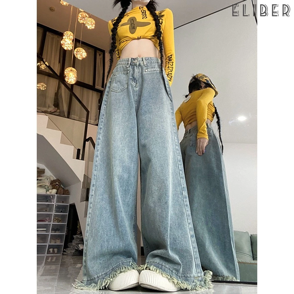 ELIBER- Quần Bò Ống Rộng Viền Thô Cổ Điển HOT GIRL Nữ Thiết Kế Cạp Cao Tôn Dáng Gầy
