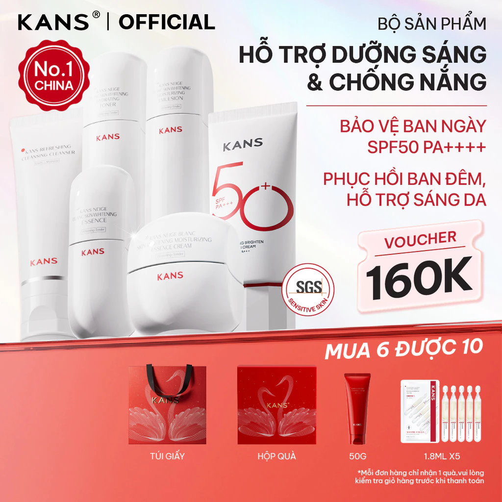 KANS Combo 6 món Dưỡng Trắng Da Toàn Diện - Kem Chống Nắng - Sữa Rửa Mặt - Toner - Lotion - Serum - Kem Dưỡng