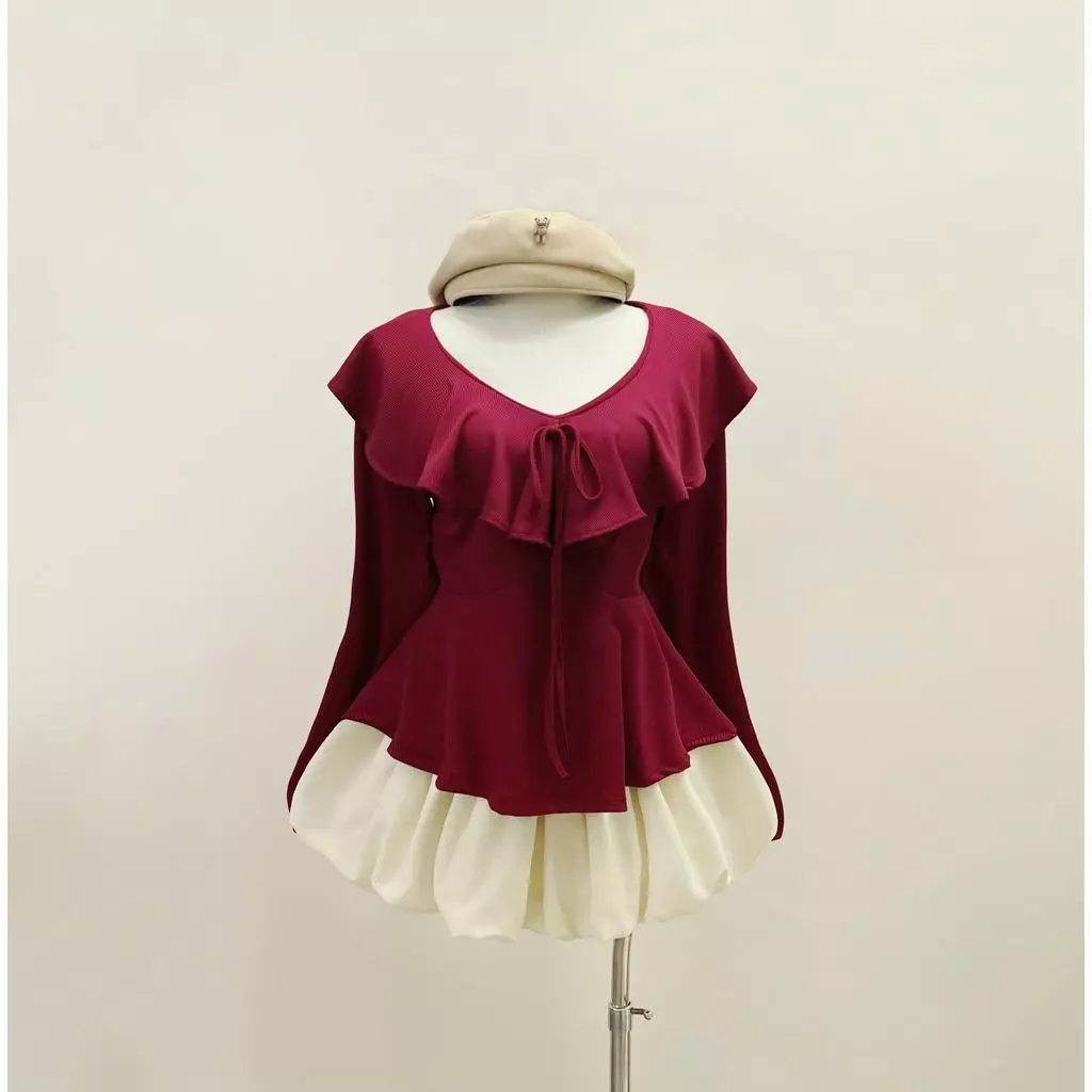 Áo Peplum Bigsize Nữ Cổ Bèo Thắt Nơ Trước Ngực Phối Váy Dáng Xòe , Tay Dài Thanh Lịch Cho Nữ 58–92kg A337+CV413
