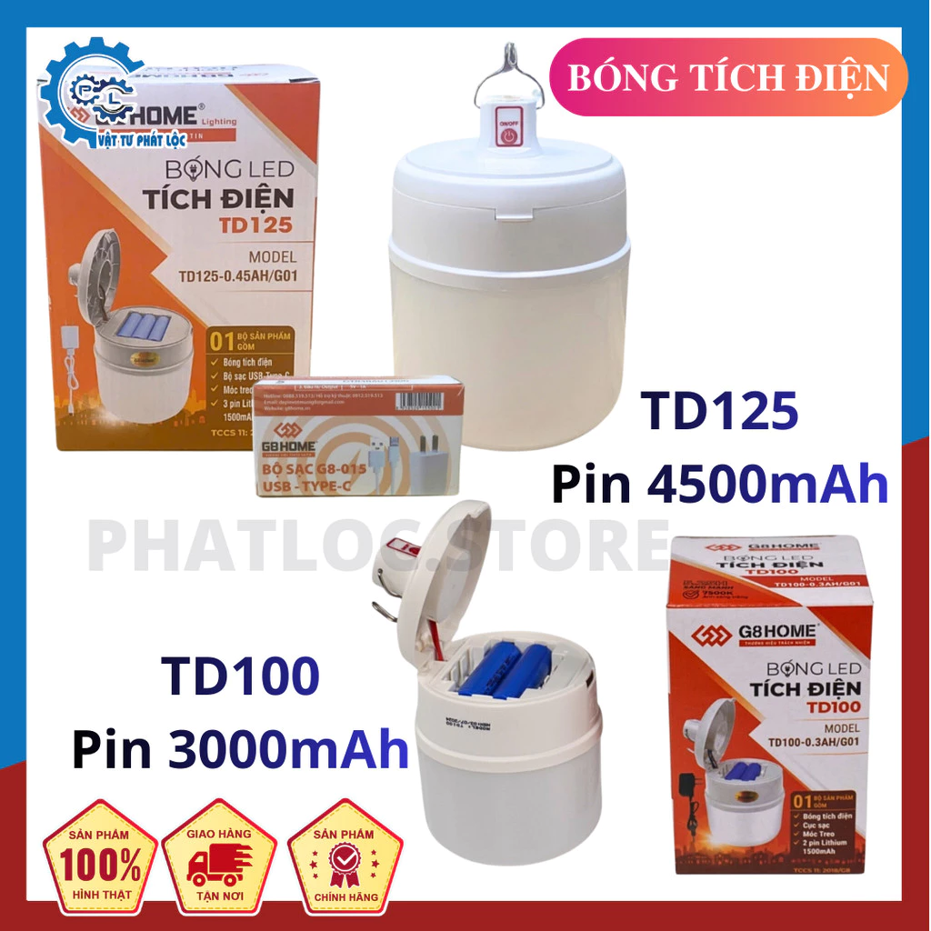 Bóng đèn tích điện G8 Home TD100-0.3AH Pin 3000mAh /TD125-0.45AH Pin 4500mAh có móc treo tiện lợi, kèm củ sạc