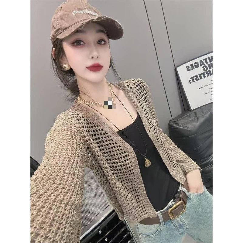 Áo Khoác Cardigan Dệt Kim Rỗng Cho Nữ Mùa Hè Thời Trang Mới Áo Khoác Điều Hòa Dài Tay Mỏng