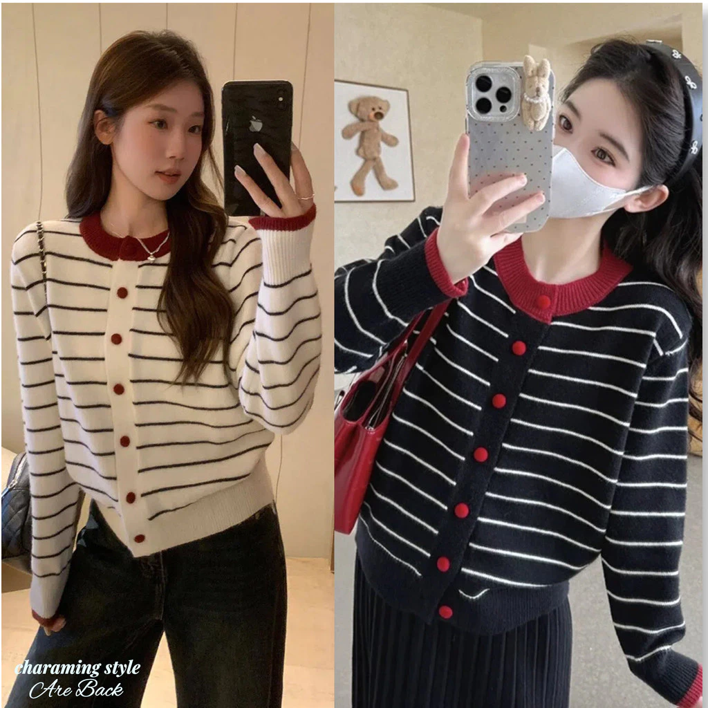 Áo Cardigan Dệt Kim Sọc Dài Tay Màu Tương Phản Mùa Xuân Thu Mới Thời Trang Áo Len Cổ Tròn Dáng Rộng