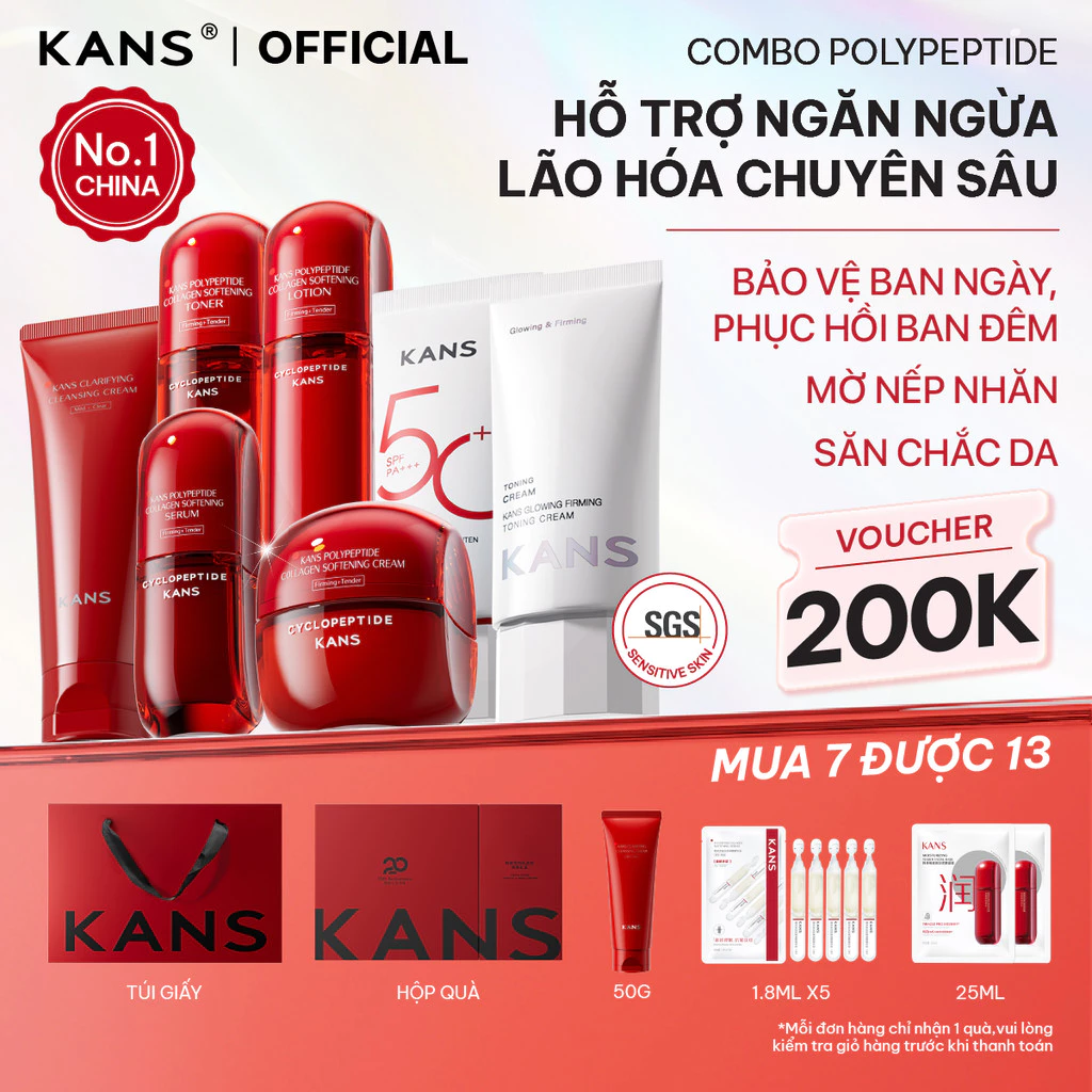 KANS Combo 7 Món Dưỡng Da Chống Lão Hóa Kem Chống Nắng & Kem Nâng Tông Sữa Rửa Mặt - Toner - Lotion - Serum - Cream