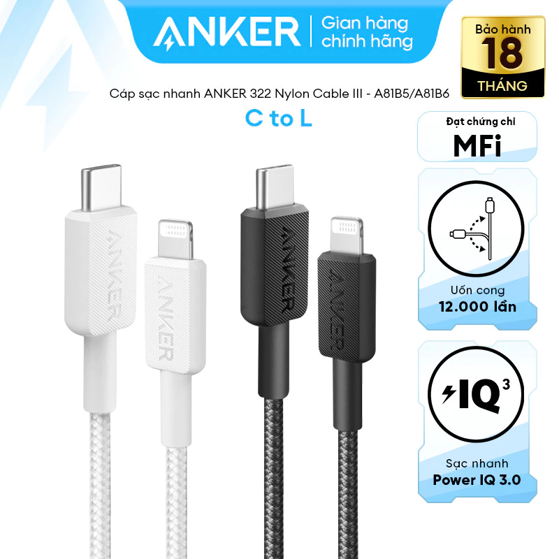 [LIVE] (iP8-14) Cáp Sạc Nhanh ANKER 322 Nylon Dù USB-C to Lightning | Đạt chứng nhận MFi Apple | Chắn chắc - A81B5/6