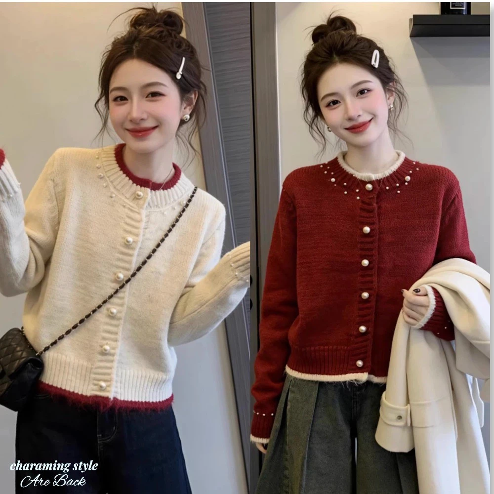 Áo Cardigan Dệt Kim Đính Nút Ngọc Trai Dành Cho Nữ Mùa Thu Đông Thời Trang Mới Áo Len Cổ Tròn Màu Đỏ