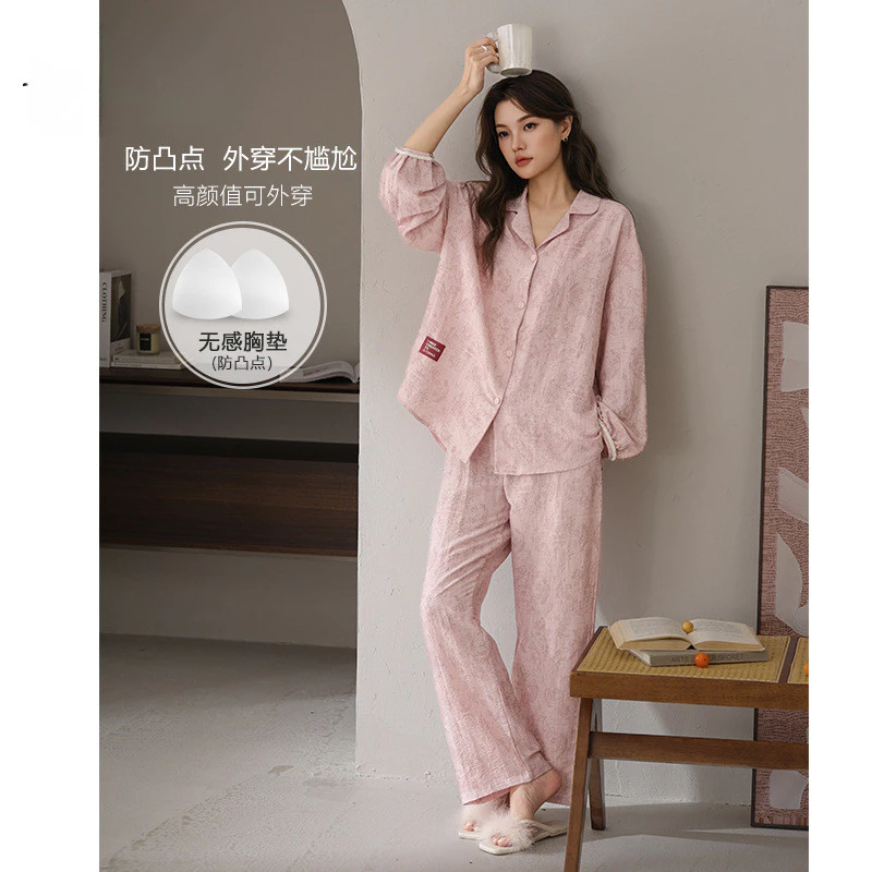 Bộ Đồ Ngủ Nữ  Dài Tay Dài Quần Có Áo Ngực Liền Mùa Xuân Thu Thoải Mái Mặc Nhà Đi Chơi