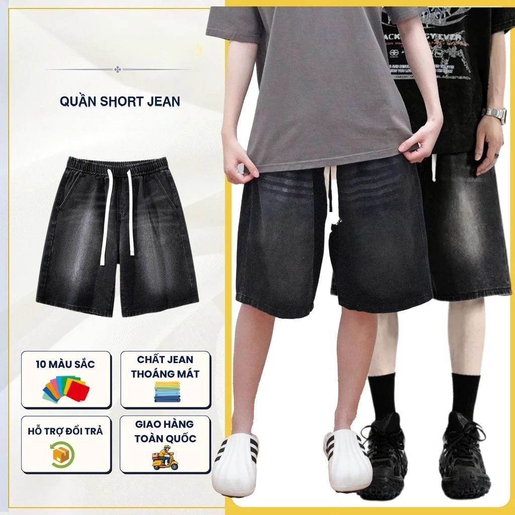 Quần jean short ống rộng dành cho cả nam nữ Unisex  WASH KHÓI vải jean mềm thoải mái vận động