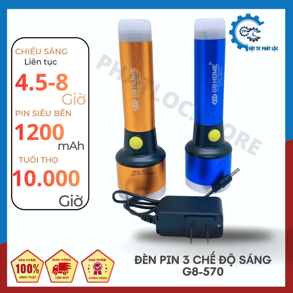 Đèn pin cầm tay G8-570 siêu sáng 3 chế độ sáng, chiếu sáng liên tục 4.5-8h, loại tốt, dung lượng pin 1200mAh siêu bền