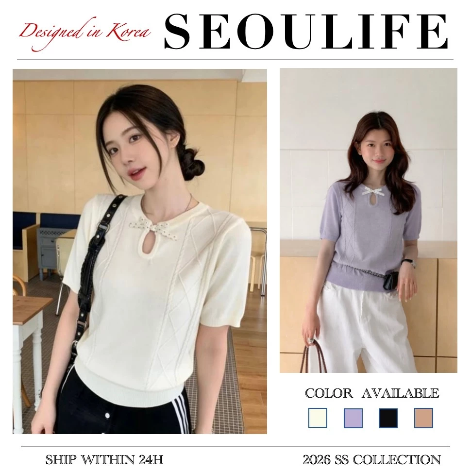SEOULIFE Áo dệt kim cổ tròn phong cách Hàn Quốc, vừa vặn ngọt ngào sang trọng