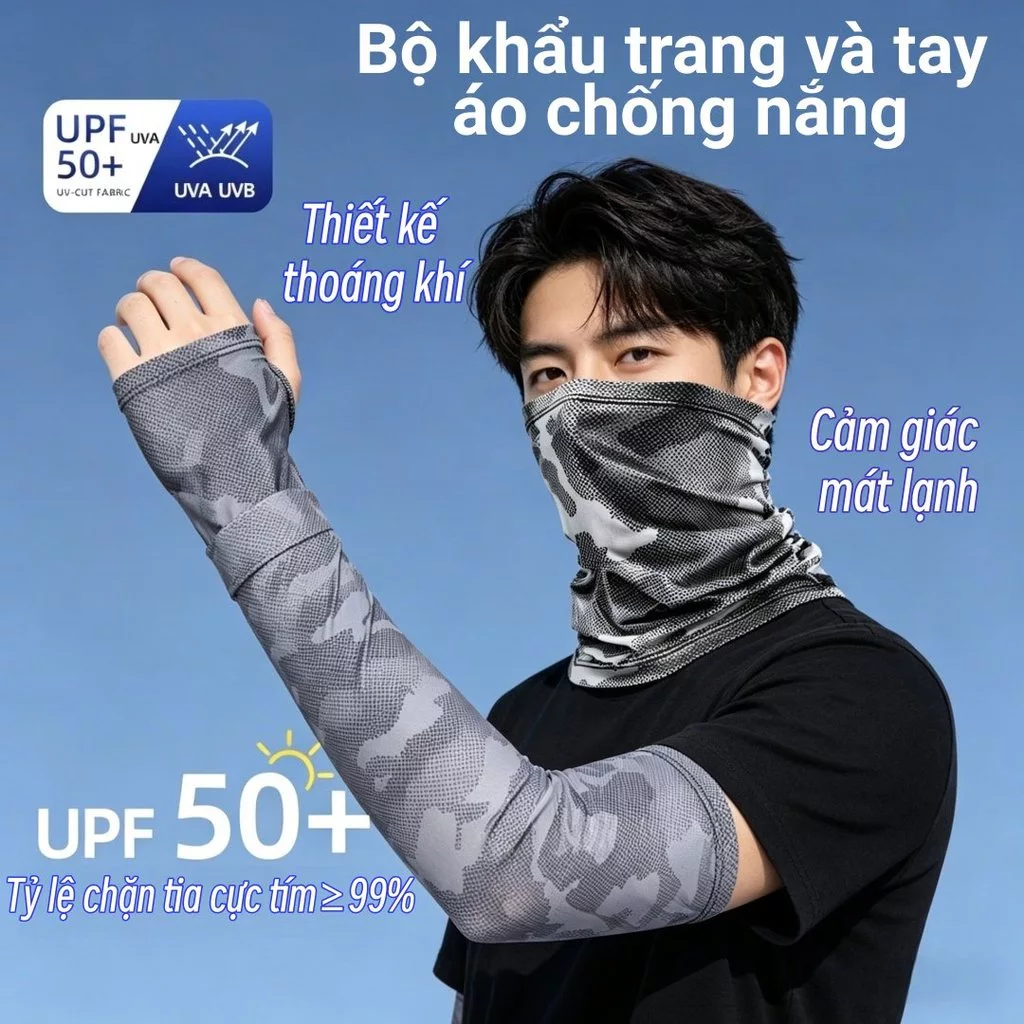 Combo ống tay khẩu trang chống nắng nam rằn ri vải lụa băng UPF50+ chuyên dụng đi xe máy  ngoài trời