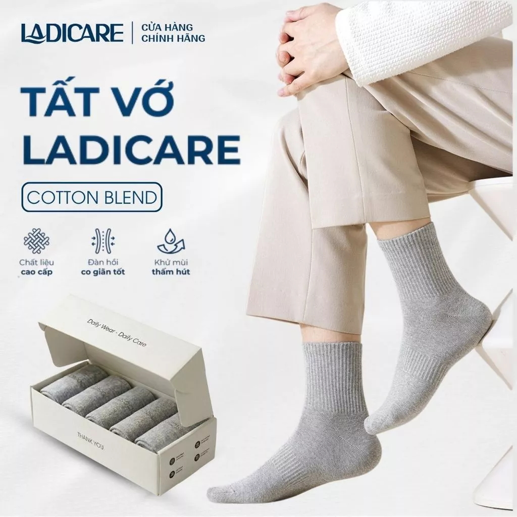 Tất vớ nam nữ cổ trung trơn LADICARE cotton 2 màu đen trắng, êm ái dày dặn thoáng khí, khử mùi
