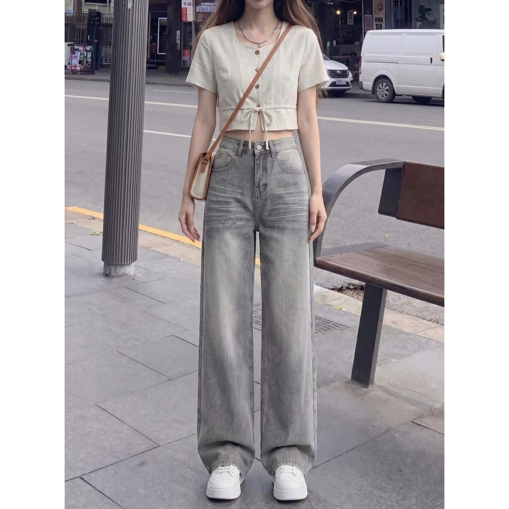 DaDuHey New American INS High Street Retro Jeans Niche High Waist Loose Wide Leg Pants Large Size Trousers