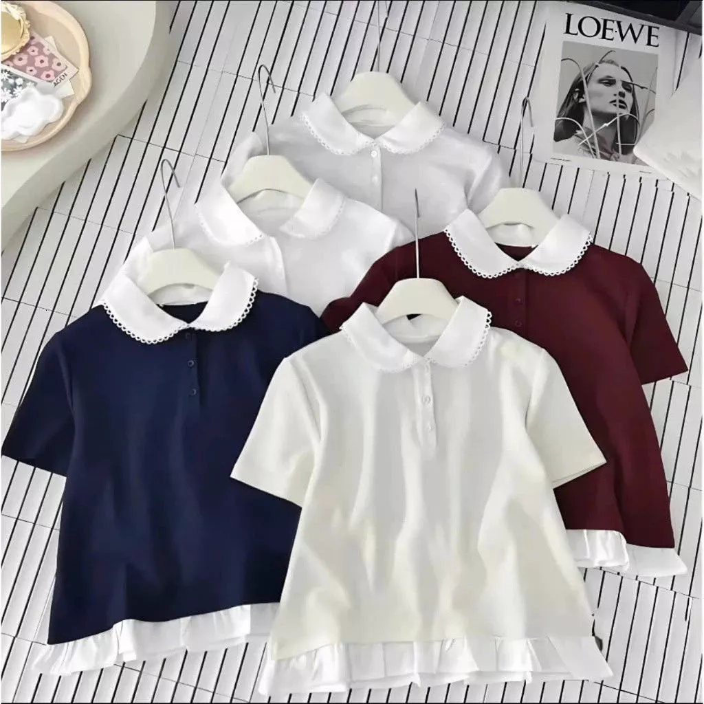 Áo Phông Babytee Cổ Cách Điệu ,Áo Thun Polo Cổ Sen Phối Viền Bèo Chất Cotton Tiểu Thư ,Nhẹ Nhàng