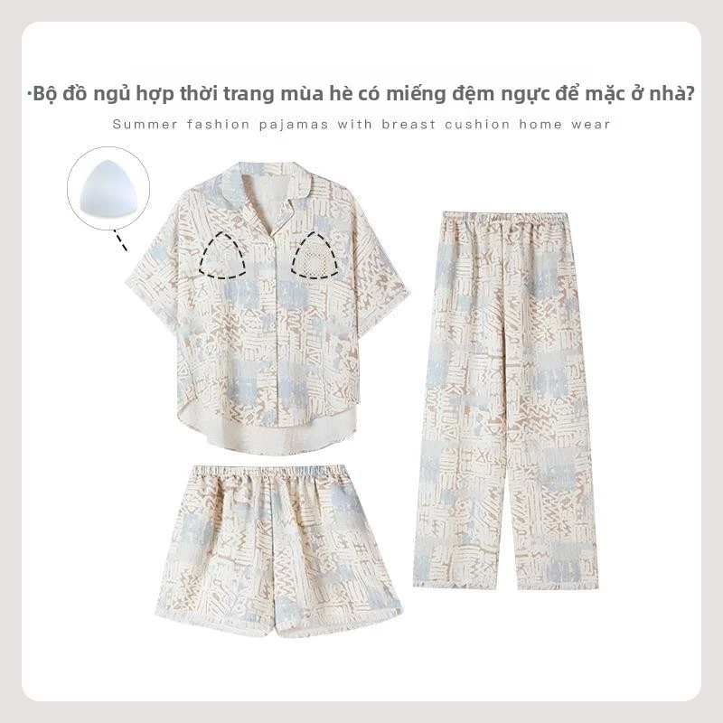 Bộ Đồ Ngủ Nữ Cotton Bong Bóng Tay Ngắn Quần Dài Cổ Tua Rua Mặc Nhà Mùa Hè
