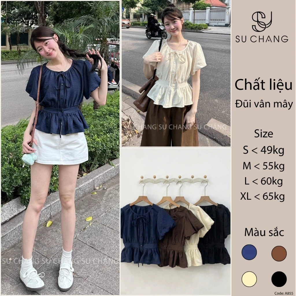 Áo Sơ Mi Cộc Tay Cổ Tròn Tay Bồng Chun Lưng A855 Su Chang