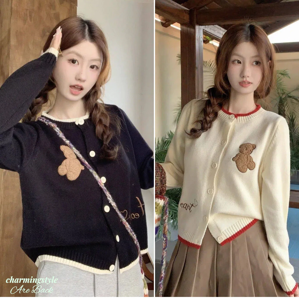 Áo Len Dệt Kim Cổ Tròn Nữ Mùa Thu Đông Thời Trang Mới Áo Len Thêu Hình Gấu