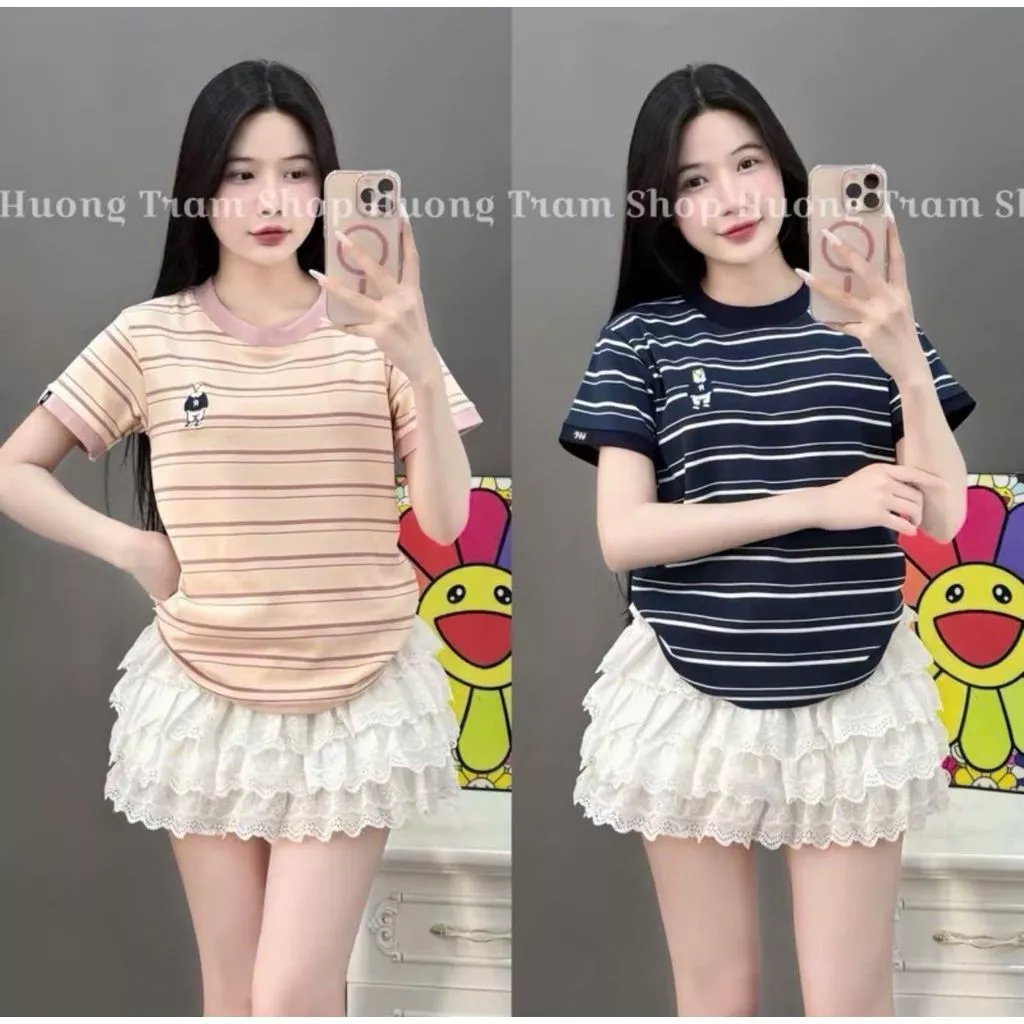 Áo thun babytee kẻ ngang form vừa chất cotton,áo phông cộc tay hình gấu M nhiều màu phong cách Y2k