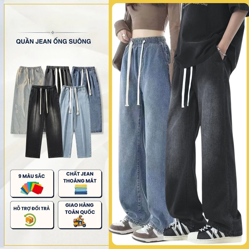 Quần jean nam nữ ống rộng bigsize Suncbvn 09 quần jean cạp chun phong cách hàn quốc unisex