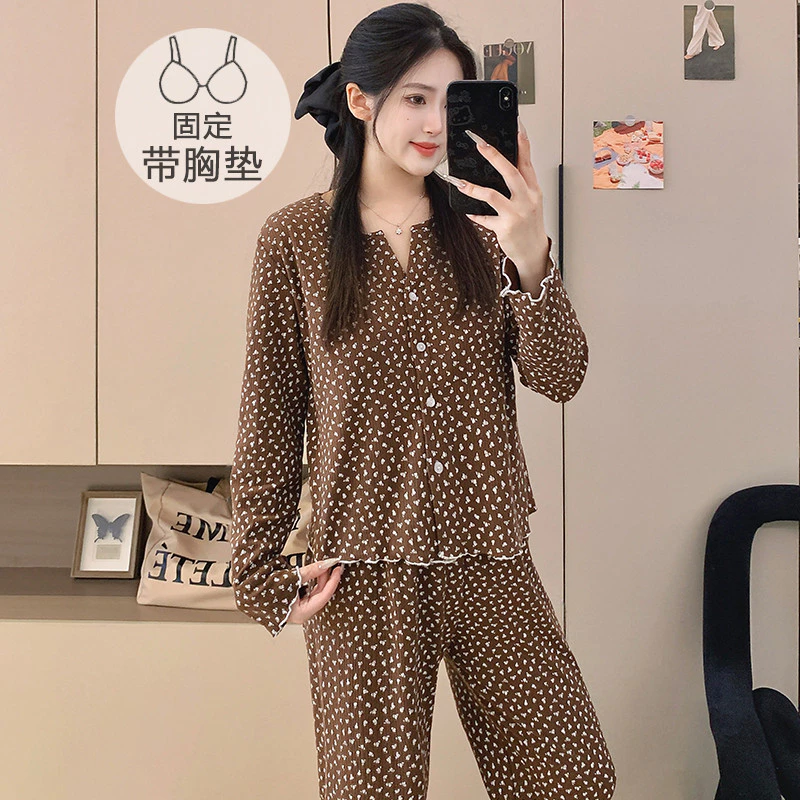 Bộ đồ ngủ có đệm cotton dài tay xuân thu, họa tiết hoa dành cho phụ nữ