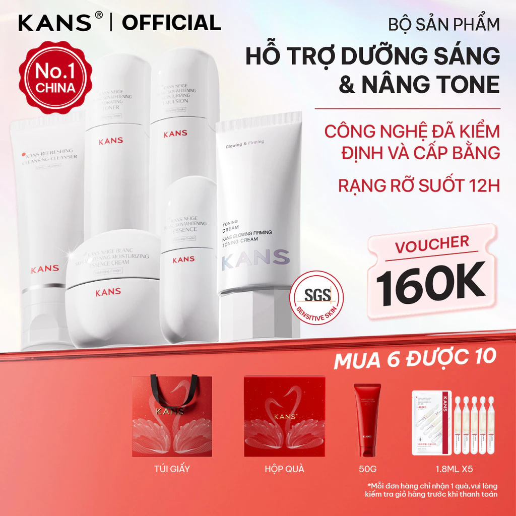 KANS Combo 6 món Dưỡng Trắng Da Toàn Diện Sữa Rửa Mặt - Toner - Lotion - Serum - Kem Dưỡng kèm Kem Nâng Tông