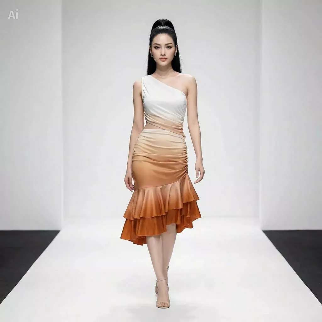 Váy Lệch Vai Khoét Eo Nữ Màu Gradient Cam Trắng Ngà, Xếp Nếp Nhún Hông Và Tầng Bèo Đuôi