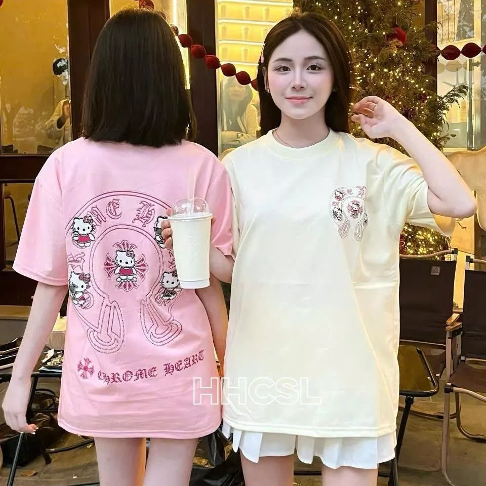 Áo Thun Chôm In Hình Mèo Hello Kirtty Đính Đá Siêu Đẹp Hot Hit, Form Rộng Thoáng Mát Nam Nữ Top Hottrend Cổ Tròn