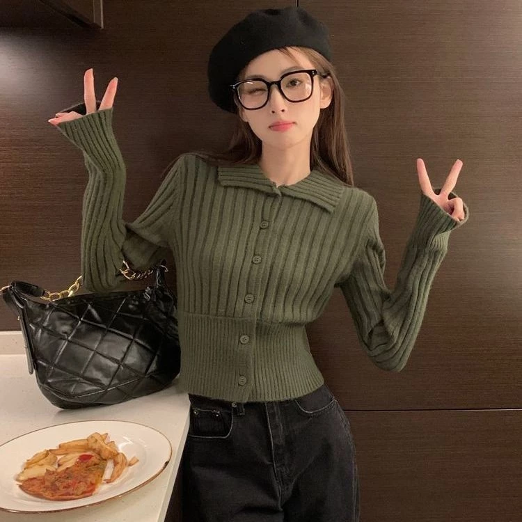 Áo Len Mặc Trong Áo Len Cardigan Áo Dệt Kim Thắt Eo Sọc Xẻ Cổ Bẻ Dáng Ngắn Áo Phối Trong Eo Kẹp Ôm Dáng Màu Xanh Lá Cây