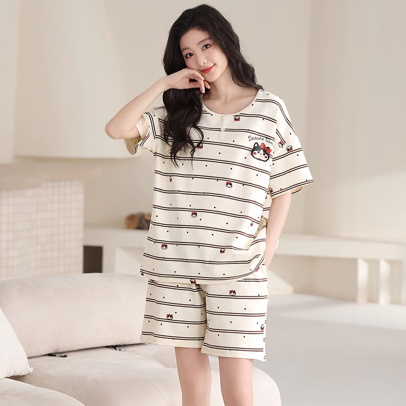 Bộ đồ ngủ nữ cotton tay ngắn, họa tiết hoạt hình dễ thương, phù hợp mặc nhà từ size M tới 3XL