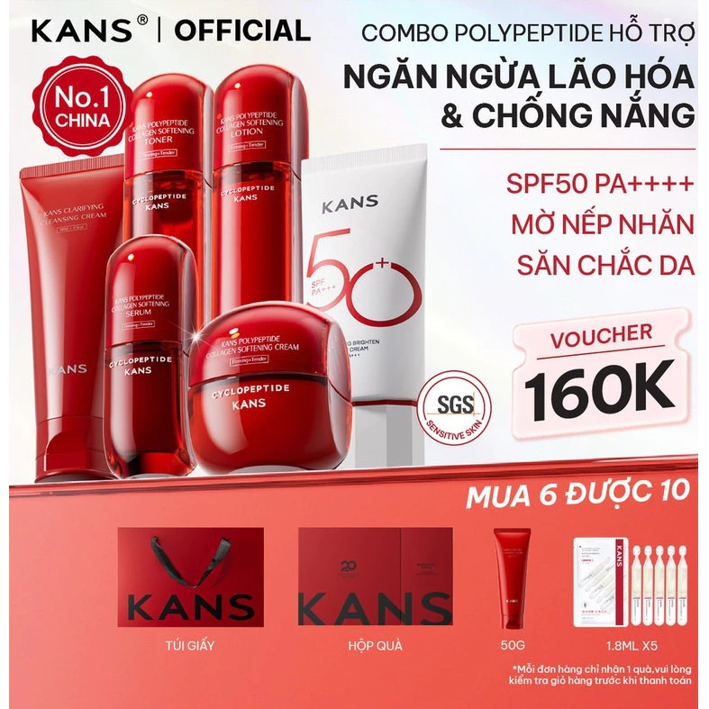 KANS Combo 6 món Dưỡng Da Chống Lão Hóa Kem Chống Nắng - Sữa Rửa Mặt - Toner - Lotion - Serum - Kem Dưỡng giúp Dưỡng Ẩm