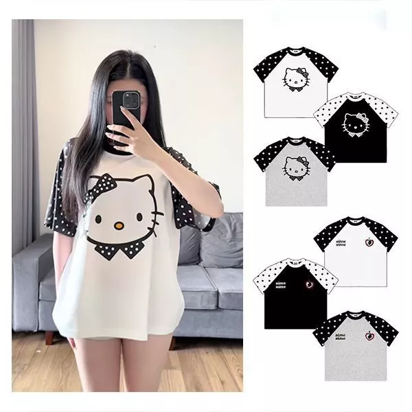 Áo Thun Họa Tiết Kitty Chấm Bi Boxy Raglan Form Rộng, Áo Phông Cotton Borip Nam Nữ Unisex Hot Trend